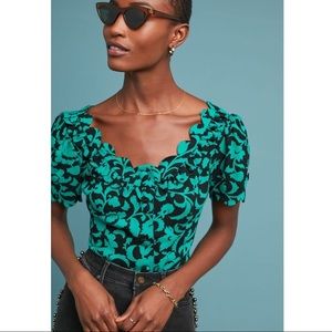 Anthropologie Black and Green Scalloped Top